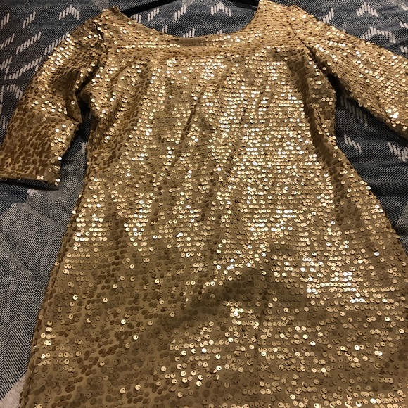 Gold Sequined Fitted Scoop Back Mini Dress - Picture 1 of 6